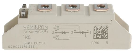 SKKT106/16E 1600V 106A Dual-Thyristor-Modul Niedrige VF 1,35V 2,4kA Stoßstrom AlN-Keramiksockel Druckkontakte SEMIPACK1 Isoliert UL-zertifiziert für Sanftstarter und Antriebe